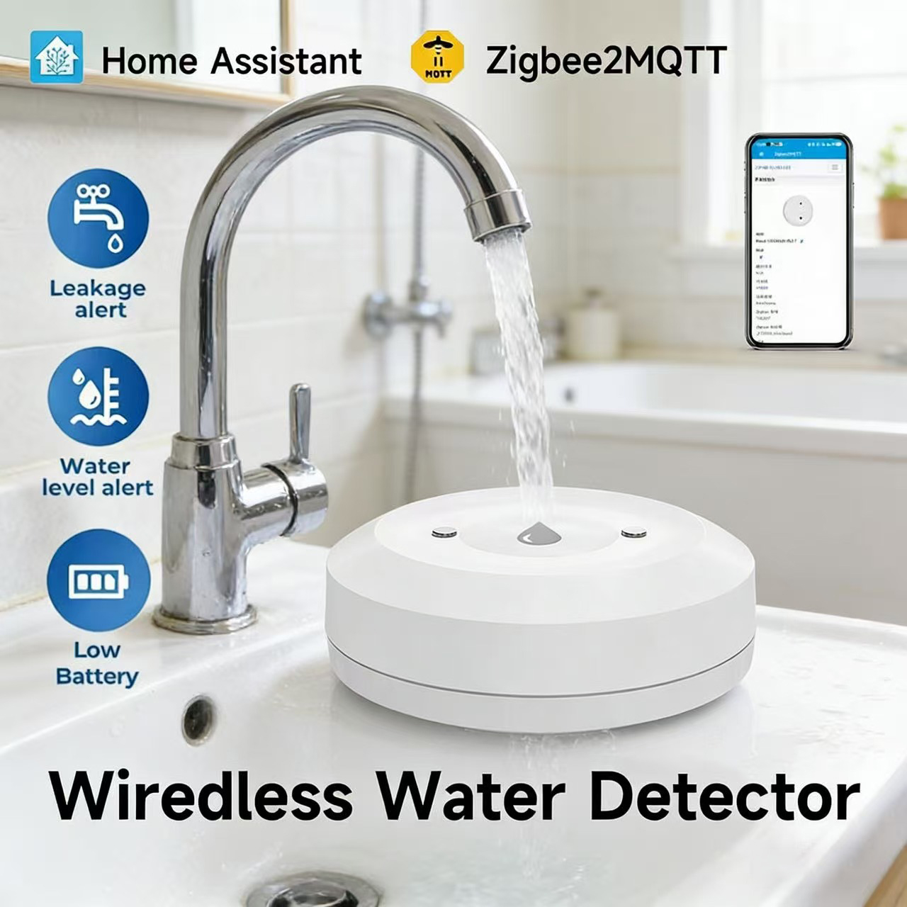 Home Security Monitoring - Smart ZigBee3.0 2MQTT Water Leakage Sensor